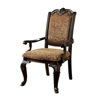 English Elm Formal Brown Cherry Arm Chairs Set of 2 — Solid Wood, Damask Upholstered Seats, Carved Detail, 44"H B011P287533