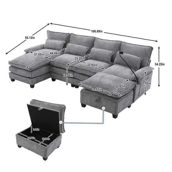 English Elm United U-Shaped Sectional Sofa 106" Cloud Couch - Comfy Chenille, Storage Ottoman, Usb Ports & Pillows W1568S00232-GIGA