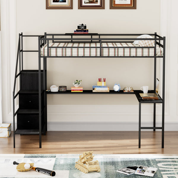 English Elm Full Metal Loft Bed with L-Shaped Desk, RGB LED Lights, Charging Cradle, Wardrobe & Drawers Black W1162S00014
