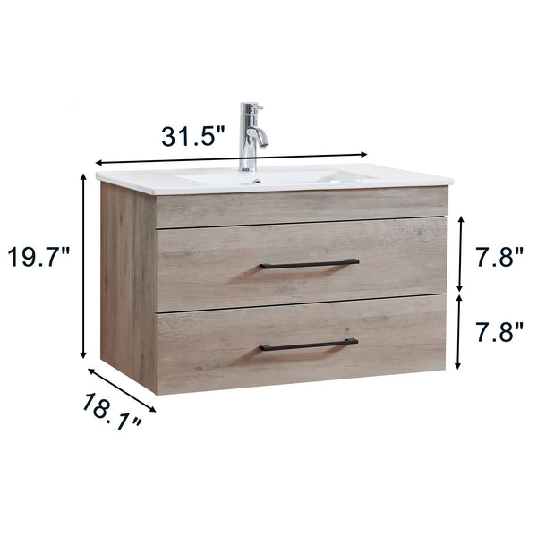 English Elm 32-Inch Grey Wood Grain Wall-Mounted Bathroom Vanity With Soft-Close Drawers & White Sink W3151S00015