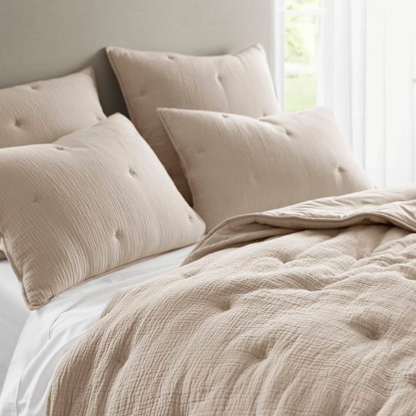 English Elm 3-piece King Cotton Muslin Quilt Set Crinkle Texture Embroidered Farmhouse Bedding B035P408350