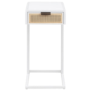 English Elm Kenneth White C-shaped Sofa Side Table with Rattan Weave Drawer for Living Rooms B062P440088