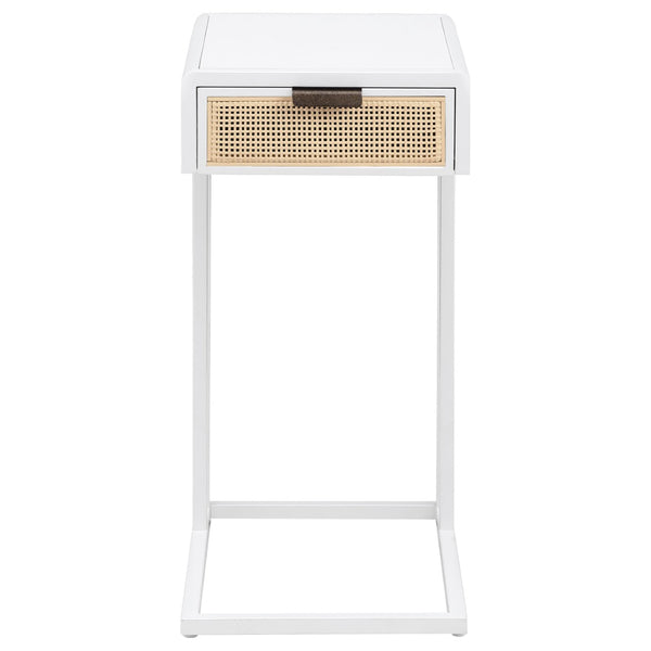 English Elm Kenneth White C-shaped Sofa Side Table with Rattan Weave Drawer for Living Rooms B062P440088