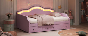 English Elm Full Size Upholstered Daybed With Led Lighting & 2 Storage Drawers, Stylish Pink Velvet Design N7500001852H