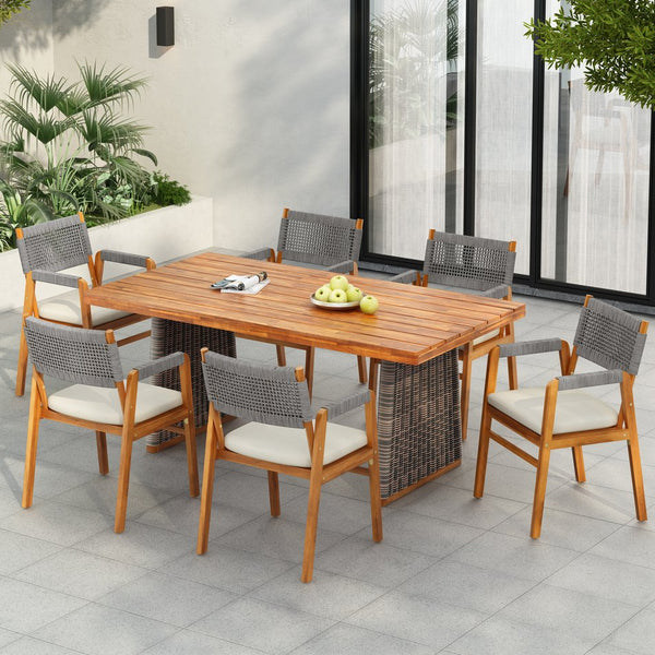 English Elm Christopher Knight Home® - Outdoor 7-Piece Acacia Wood Dining Set With Stylish Grey Rattan Legs & Plush Cushions For Comfort N773OD00046G