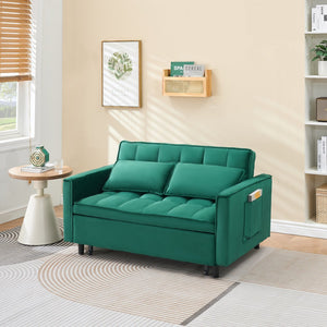 English Elm 55-inch Green velvet sofa bed with storage pockets, 2-seat convertible sleeper, solid wood frame, 500lb capacity W1658P239827