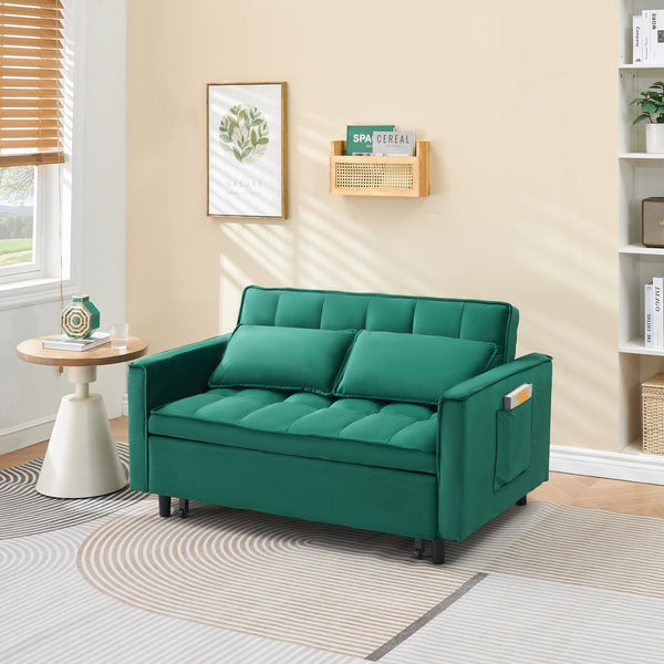 English Elm 55-inch Green velvet sofa bed with storage pockets, 2-seat convertible sleeper, solid wood frame, 500lb capacity W1658P239827