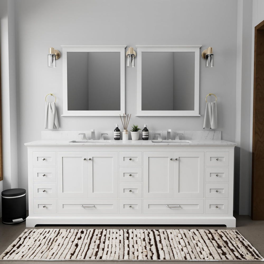 English Elm White 84" Double Bath Vanity with Carrara Marble Top, 14 Drawers, Soft-Close, Chrome Faucet Set B2731P258420