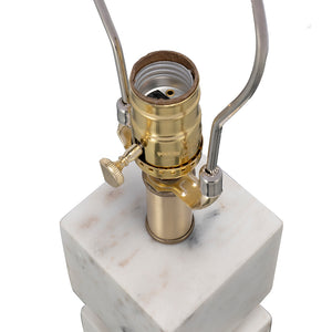 English Elm D16x26.5" White Marble Cube Table Lamp with Gold Pedestal, Drum Shade, Modern Sculptural Accent W2078P399249