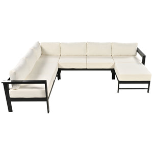 English Elm U-shaped outdoor sofa set with durable aluminum frame, polyspun cushions, high weight capacity and garden-ready style White WY000392AAA