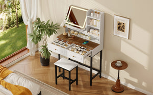 English Elm Makeup Vanity Set with Rotating Led Mirror Amber Glass Top Drawers and Charging Station N704P385441K