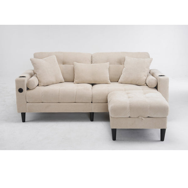 English Elm 3 Seat L Shaped chenille Sofa with Removable Storage Ottoman, USB-C & USB Ports, Cup Holders, Cozy Comfort Beige W2606P265176