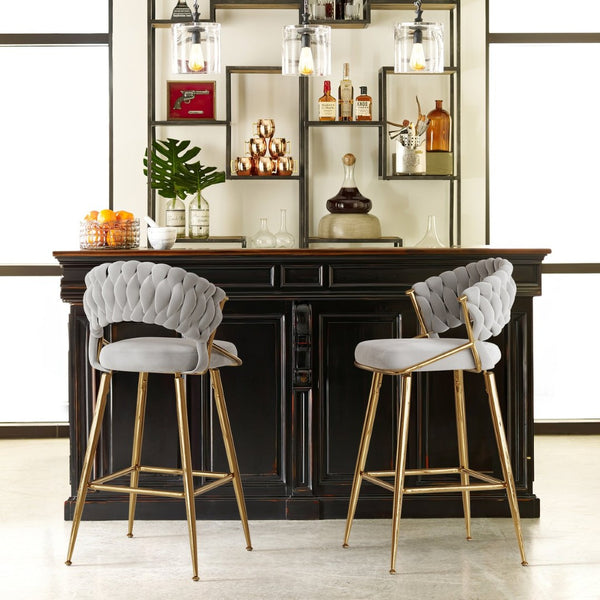 English Elm Counter Height Stools Set of 2 Mid-century Metal Legs Ergonomic Kitchen Island Seating Gray T3623P430869