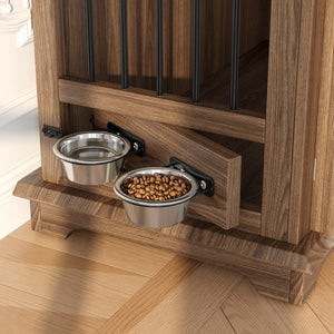 English Elm 44.48" Wooden Dog Crate End Table with Drawers Rotating Bowls Farmhouse Pet Kennel Brown N704P379112D