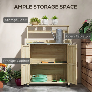 English Elm Outsunny Outdoor Potting Bench - Stylish Wooden Garden Work Table With Storage & Galvanized Top W2225P174489-GIGA