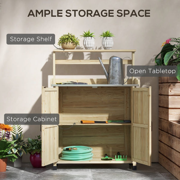 English Elm Outsunny Outdoor Potting Bench - Stylish Wooden Garden Work Table With Storage & Galvanized Top W2225P174489-GIGA