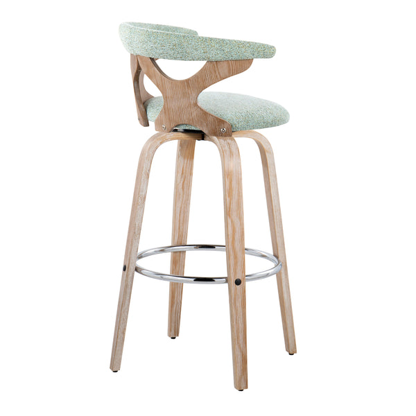 English Elm Gardenia 30" Contemporary Barstool Set of 2 — Swivel Seafoam Fabric, Whitewashed Wood, Chrome Footrest B202S00579