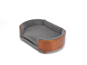 English Elm Scandinavian Mid-century Pet Sofa with Walnut Bentwood Back and Navy Velvet Cushion Dark Grey W794125938