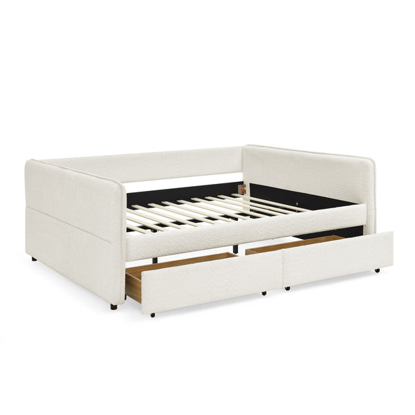 English Elm Daybed With Trundle And Storage Drawers, Upholstered In Beige Boucle, Queen Size For Stylish Comfort W1413S00074