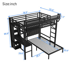 English Elm Full Full over Twin Metal Bunk Bed with Desk, Bookshelves, LED Lighting & USB Charge Station, Black W2580S00040