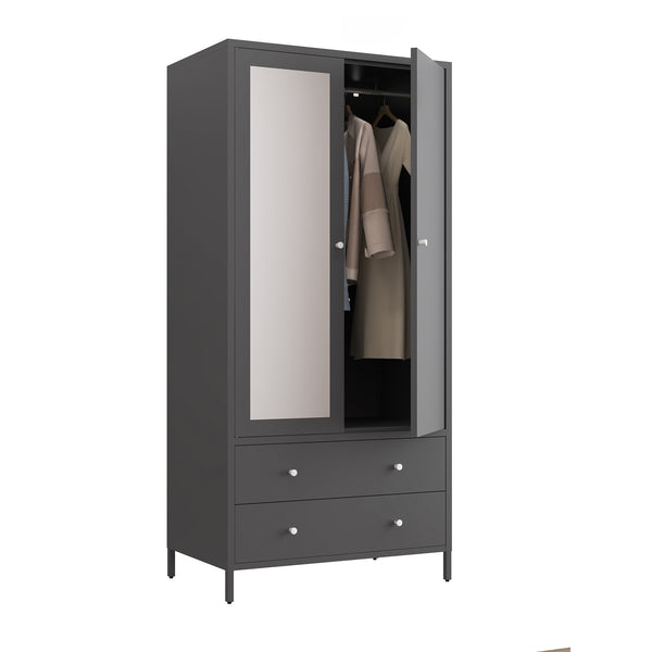 English Elm Metal Armoire Retro Steel Wardrobe with Mirror Door, 2 Drawers, Hanging Rod & Magnetic Closure, Dark Gray W2378P176281