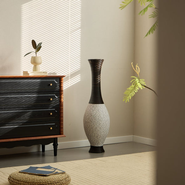 English Elm 39-Inch Tall Standing Designer Floor Vase with Brushed Gold Accents, Durable PVC Rattan Texture, Elegant Home Accent White+Black W2796P193946