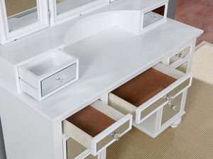 English Elm White Glam Vanity Set with Stool and Tri-Fold Mirror, Shimmer Inserts, Upholstered Stool, Drawers B2741P400818