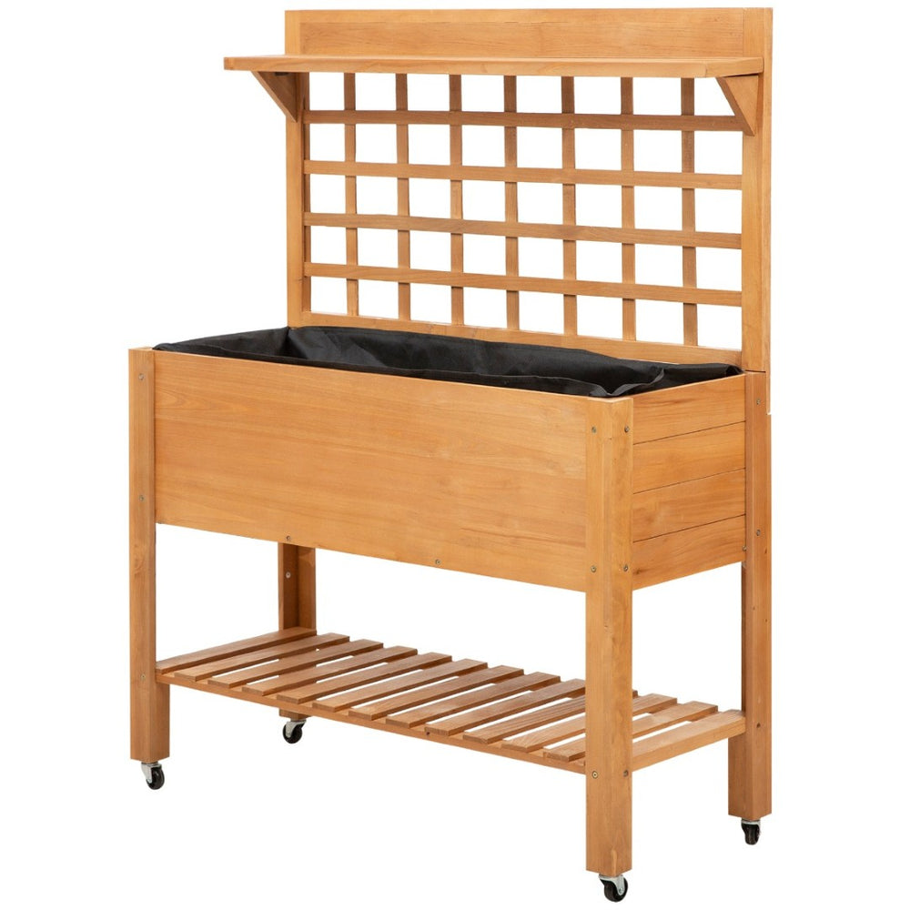 English Elm Elevated Solid Wood Outdoor Planter with Trellis Shelves and Rolling Caster Wheels T3971P387771