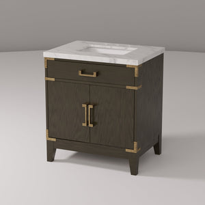 English Elm Brown Oak Single Bath Vanity With Premium Carrara Marble Top - Elegant Storage & Soft-Close Doors B2731P259749