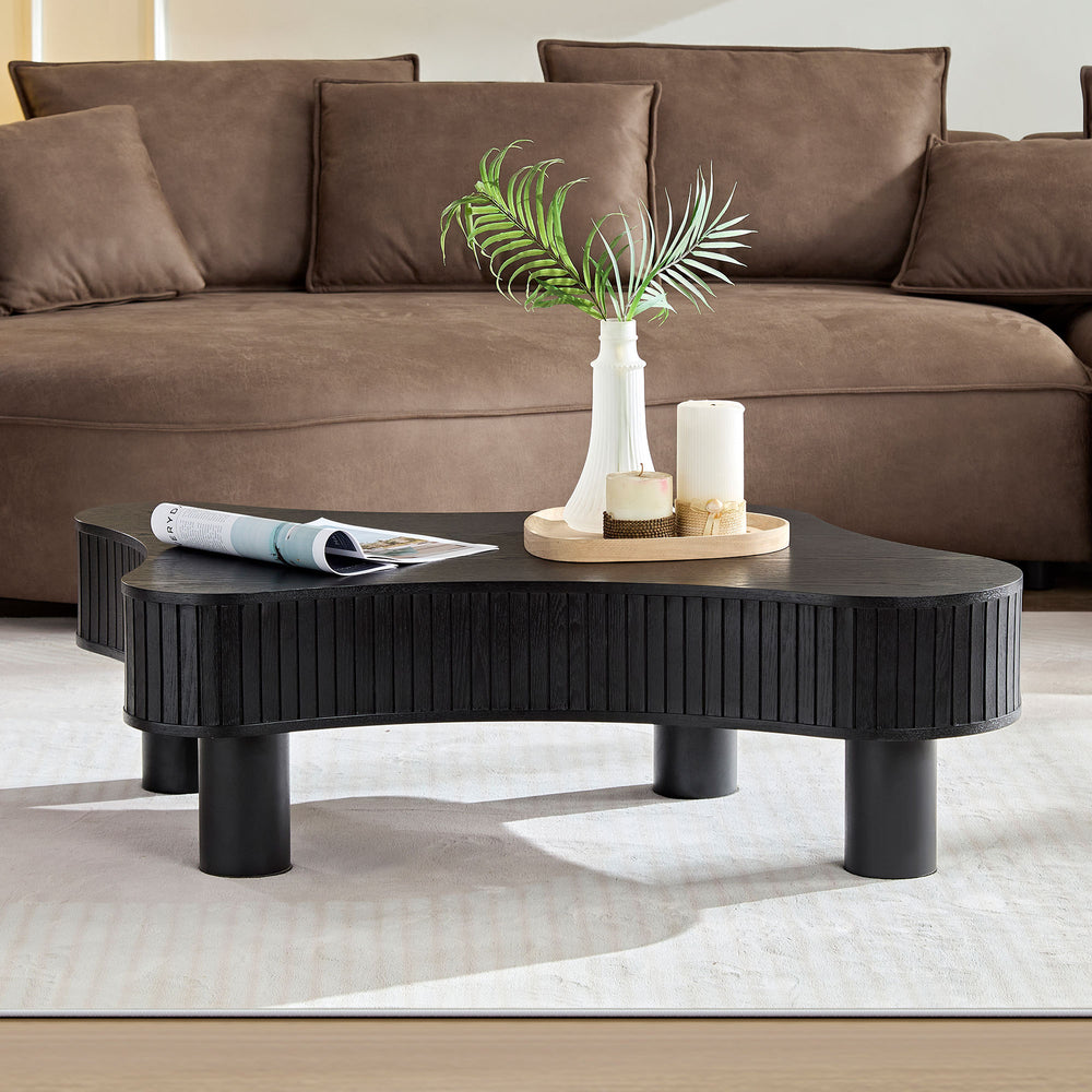 English Elm 42.52 Inch Modern Wooden Handcraft Drum Coffee Table with Irregular Shape, Sturdy Rubber Wood Legs, Easy Assembly Black W2582P251225