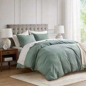 JLA Home Comfort Spaces - Waffle plush waffle-weave duvet cover set for year-round comfort, breathable texture, fade-resistant style Sage Green AM12-0047
