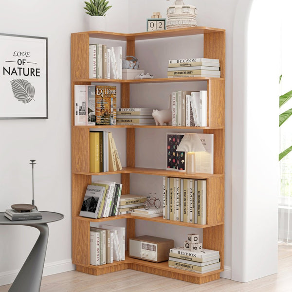 English Elm 90cm Five Tier L-shaped Corner Bookcase Open Wood Shelving Unit for Home Office W2899P444147
