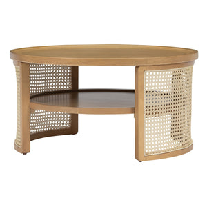 English Elm 2-Tiered Round Natural Wood Coffee Table with Rattan Storage Shelf, Thick Top, Curved Edge Design 31.3" N735P185131N