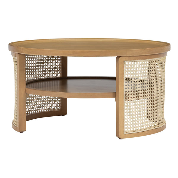 English Elm 2-Tiered Round Natural Wood Coffee Table with Rattan Storage Shelf, Thick Top, Curved Edge Design 31.3" N735P185131N