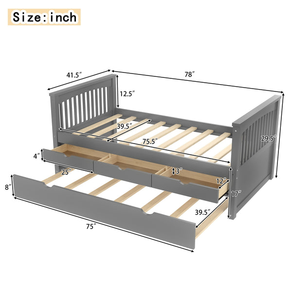English Elm Twin Solid Wood Platform Bed with Trundle and Two Drawers, White Daybed for Kids Guests Gray W1580S00263