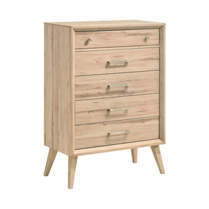 English Elm Mid-Century Natural Oak 5-Drawer Chest with Brushed Nickel Hardware, Slim Legs, Timeless Bedroom Style B011P224818