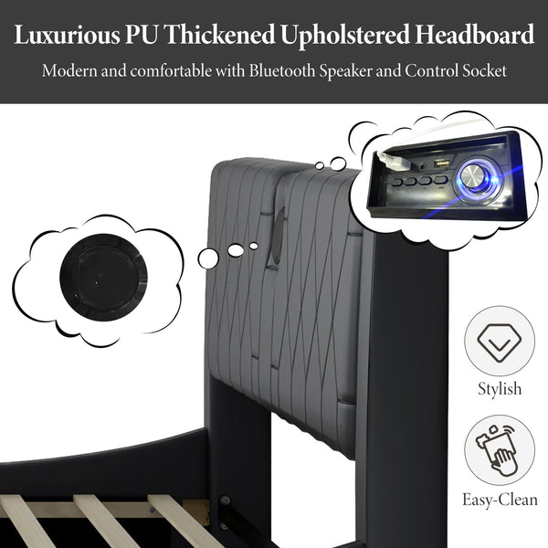 English Elm Queen Luxurious Faux Leather Platform Bed with Thick Headboard, Bluetooth Speakers & RGB Ambience Lights Black 62.6 L x 19.69 W x 12.99 H N701P241047B