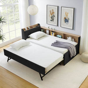 English Elm Twin Size Velvet Daybed With Adjustable Height Headboard, Storage, Trundle & Led Lights - Black W1413S00112-GIGA