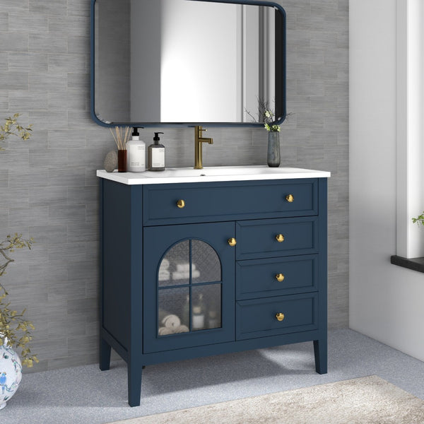 English Elm 35.6" Freestanding Bathroom Vanity with Roman Column Base and Ceramic Integrated Sink Blue W1801S00012