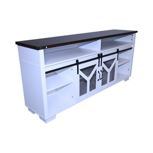 English Elm 65.3" TV Stand with LED Ambience, Sliding Iron Mesh Barn Doors, Y-Accent Rustic Farmhouse Storage White+Walnut W1412P271798