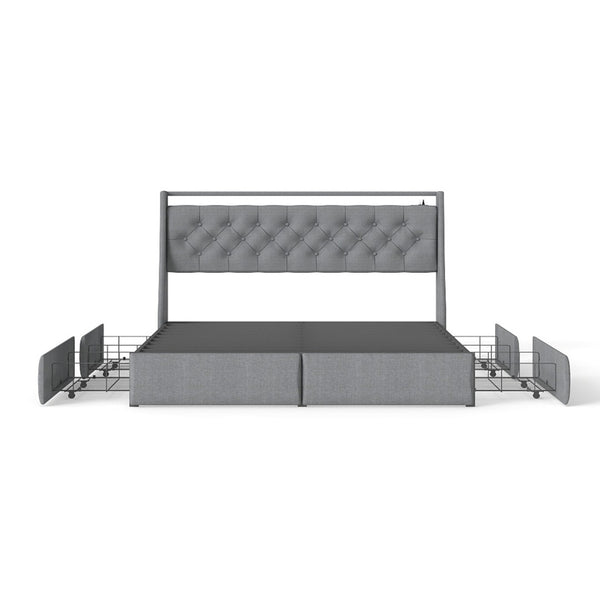English Elm Queen Storage Platform Bed with Rgb Lighting Linen Headboard and Built-in Charging T3963P437321
