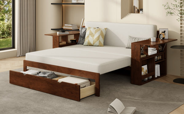 English Elm Full Size Daybed with Hydraulic Desk Armrests Storage Drawer and Sofa Seating Espresso LT000271AAP