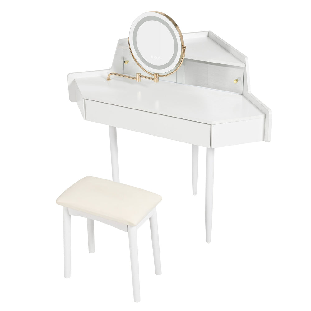 English Elm Modern Corner Makeup Vanity Desk with 360° Rotating LED Mirror, Drawer, Cabinet & Cushioned Stool N844P263664A
