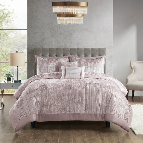 English Elm 5 Piece Crinkle Velvet Comforter Set King/Cal King Luxe Glam Crushed Pleat Charmeuse Trim, Hypoallergenic Filling Blush 19.29 L x 23.62 W x 11.02 H B035P148353