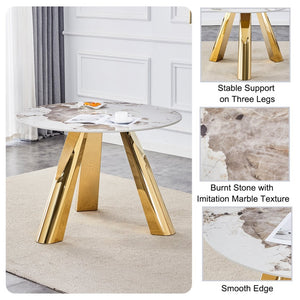 English Elm Table Set - 42-Inch Round White Imitation Marble Top With 4 Ergonomic Dining Chairs & Gold Legs W2920S00049-GIGA