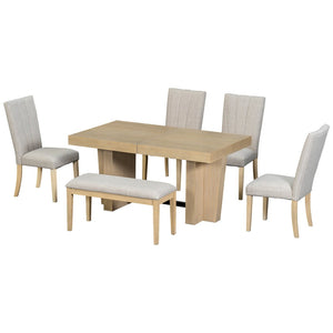 English Elm Topmax Farmhouse Extendable Rubberwood Dining Set Seats Six with Bench and Linen Chairs Natural+Beige N717S000089A
