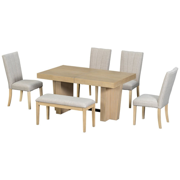 English Elm Topmax Farmhouse Extendable Rubberwood Dining Set Seats Six with Bench and Linen Chairs Natural+Beige N717S000089A