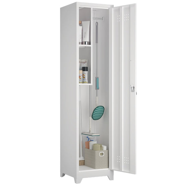 English Elm Metal Broom Cabinet Slim Steel Storage with Lock Hooks and Shelves for Utility Rooms T3625P448061