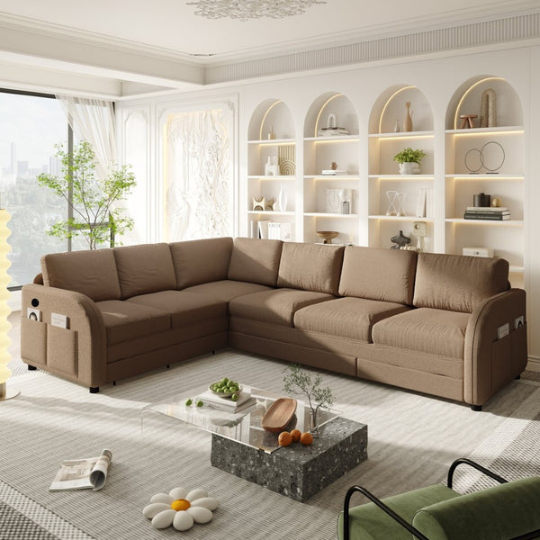 English Elm 115.2" Oversized Teddy Fabric Sectional Sleeper Sofa with Usb Ports and Modular Chaise Brown W1885S00318
