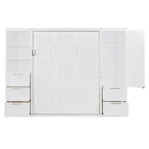English Elm Queen Murphy Wall Bed with Wardrobe Drawers and Shelves for Studio or Guest Room White LP000865AAK-2